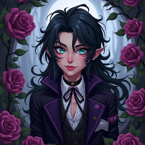 Male, sexy, long black hair, teal blue eyes, young, gothic clothes. delicate features, no facial hair, no body hair, seductive, white and pale. Roses. Purple and black. Long eyelashes. No facial hair. Man. Male. Smirking. No body or facial hair. Young male...