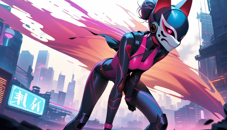 In a dystopian cyberpunk cityscape bathed in neon hues and moonlit shadows, a cyborg female ninja stands out as a stark silhouette. Her face is obscured by an ancient Inari fox mask, adorned with vibrant red lines on a white background, as she hurtles forw...