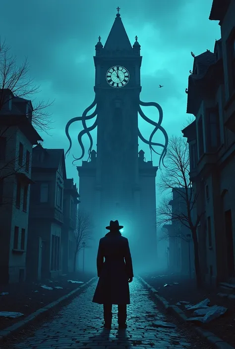 Silhouette book cover of a detective in an abandoned town with a clock tower with tentacles