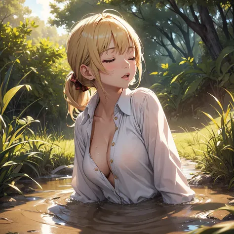 1girl, solo:1.5, masterpiece, best quality, high res, highly detailed, (illustration), beautiful detailed eyes, yuigahama yui, blonde hair ponytail, glossy lips, light makeup, orgasm, (looking up to the sky:1.5), (mouth open:1.2), intimate moment, unbutton...