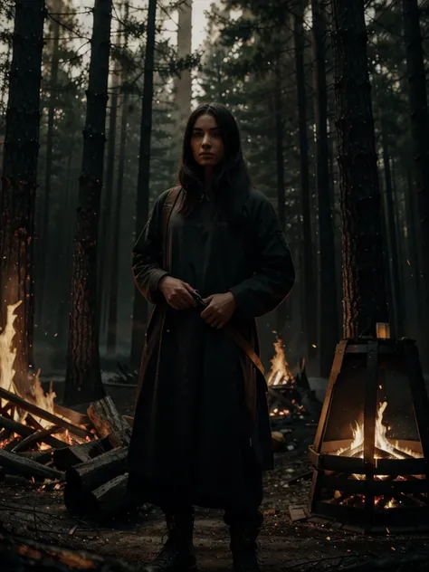 Early humans protecting themselves from predators by a fire, a man and a woman, in a dark and threatening landscape, wearing simple clothing made from animal hides, with a large fire casting shadows and a dark, ominous forest in the background, medium shot...