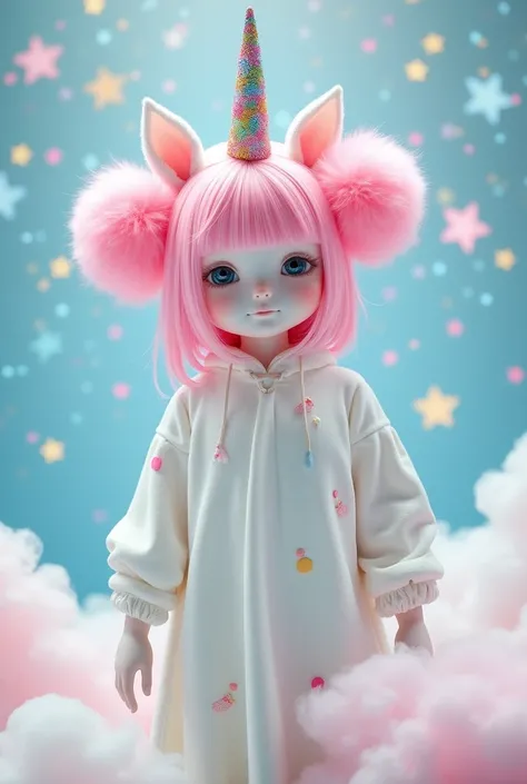 A white-skinned human with pink hair styled in two pom-poms, dressed as a unicorn with a colorful horn, white skin, and pink mane.
