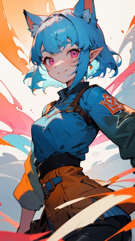 Portrait of one person、Girl、Riders jacket、Small breasts、Light blue hair、Dog Ears、Pink Eyes、smile, impression, (Oil), Blue and orange tones、Zelda Style