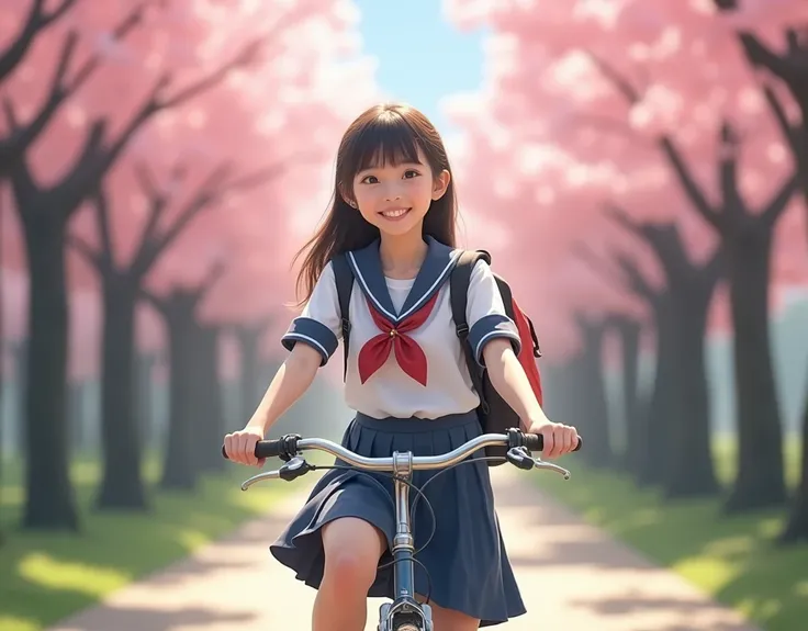 A girl riding a bicycle on her way to school, wearing a school uniform, sitting confidently on the bicycle seat, hands properly gripping the handlebars, feet properly placed on the pedals, with a beautiful, detailed face, confident smile, Japanese, RAW pho...