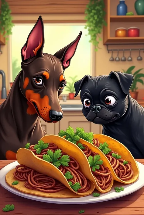 Create an illustration of some tacos with roasted onion, cilantro and onion, where a doberman dog brown color, this about to eat them with his pug friend black color
