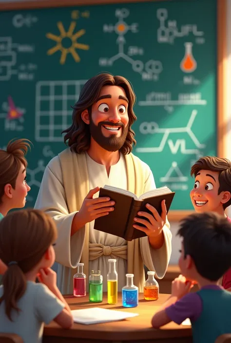 This image should be in the Disney Pixar style where Jesus is holding a Christian bible, with a round, cute face and looking at the children as if he were a teacher, with several young children around smiling in a science lab. Behind them there is a blackb...