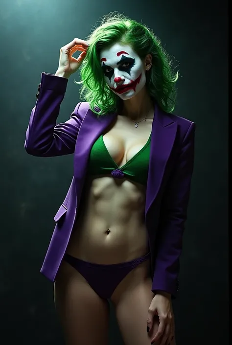 { "prompt": "A faithful female version of the iconic Joker from DC Comics, reimagined with a seductive yet psychotic allure, posing confidently for a photo. She has pale white skin and wild, vibrant green hair styled in messy, chaotic curls. Her makeup is ...