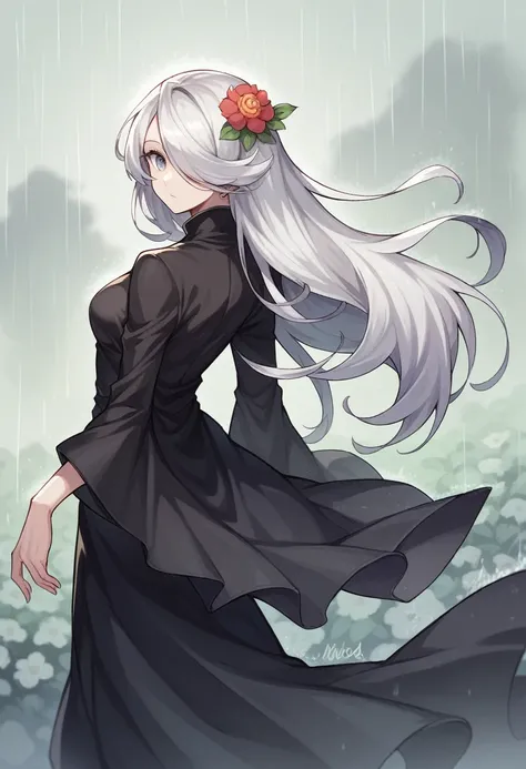 1 girl,standing alone,1 girl,standing alone,((beautiful detailed eyes)), (detailed light),Depth of field,(White hair),silver eyes,hair over one eye,(FLOWER RED ), hair flower,long hair,black robe,humida,Emotionless,looking back,natta,looks stellar,raining,...