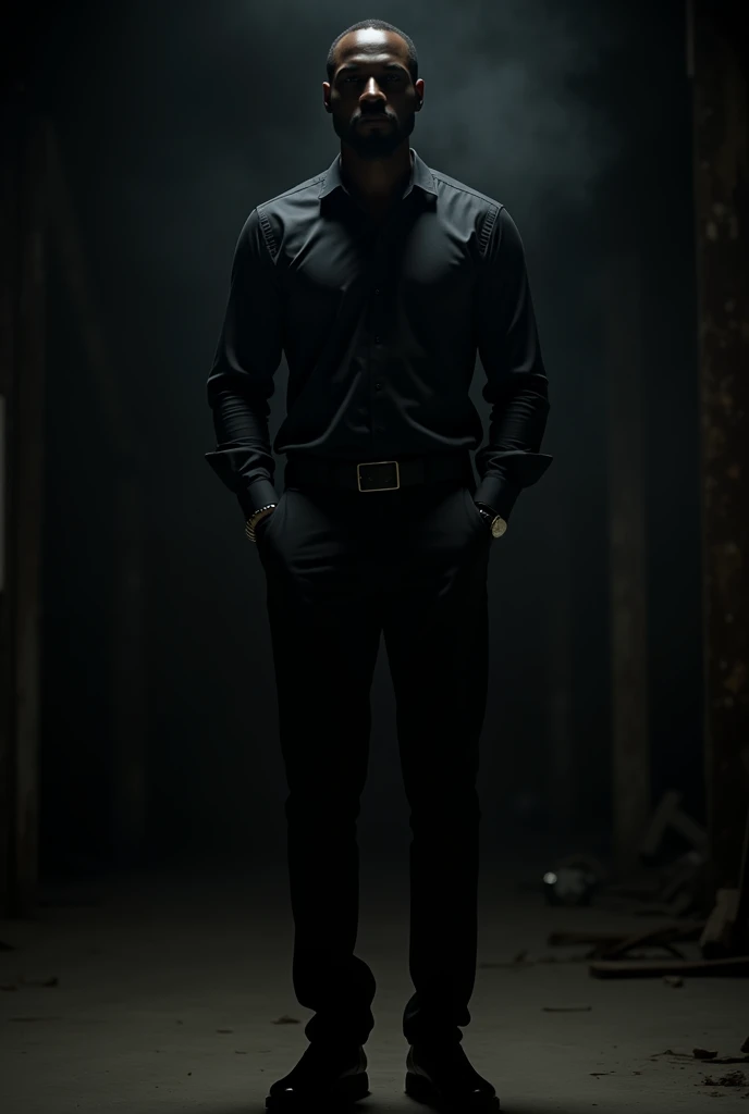   a black man standing in a very dark place with dark pants and shirt 