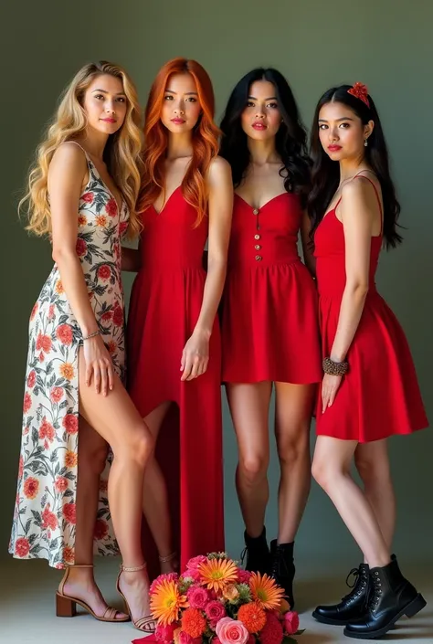 A vibrant and alluring scene unfolds before us. Four stunning girls, each with distinct hairstyles - long blonde locks, fiery red tresses, jet-black strands, and a subtle hair bow or band adorning their locks - stand together in unison. Their gazes meet th...