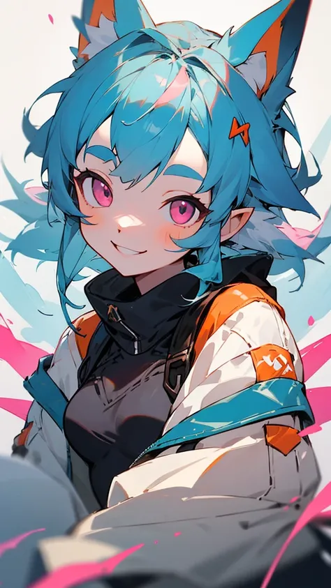 Portrait of one person、Girl、Riders jacket、Small breasts、Light blue hair、Dog Ears、Pink Eyes、smile, impression, (Oil), Blue and orange tones、Zelda Style