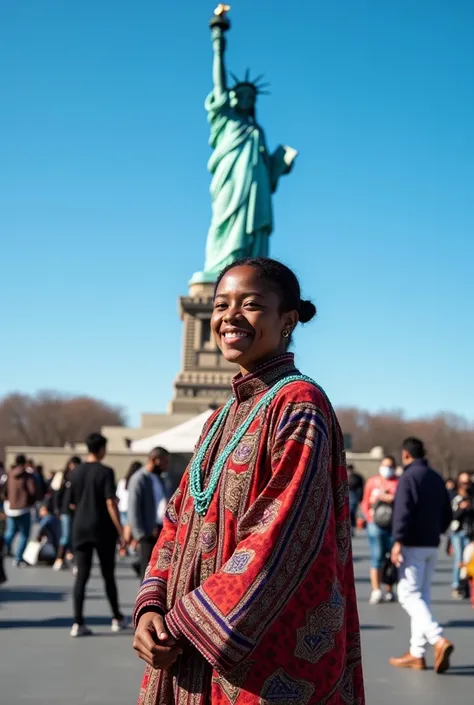 A black person dressed in Mapuche clothing and of Korean nationality at the Statue of Liberty