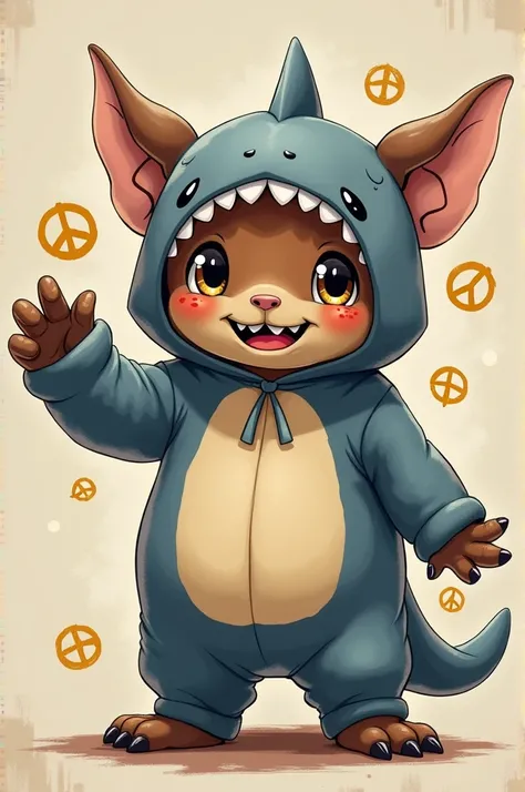 kemono, (real_e621), photorealistic, unreal engine, masterpiece, by berseepon09, kawaii,

realistic deathclaw, standing, wearing grey (shark onesie), (kigurumi:1.2), hood, costume, tight clothing, stretched fabric, looking at viewer, smile, peace symbols, ...