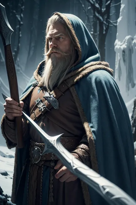 (master piece), 8k, best quality, detailed elf, middle-aged, hooded, Nordic Viking outfit, brown Santa Claus hood and cape, big white beard, pointed ears, striking blue eyes, cinematic lighting, dramatic chiaroscuro, muted color palette, atmospheric, fanta...