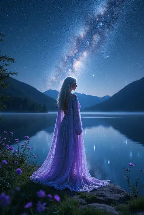 (photorealism:1.2), "Create a hyperrealistic scene of Elder Elara standing by a crystal-clear lake under a starlit sky. The water reflects the celestial colors, and the elf’s robes shimmer with a magical glow."