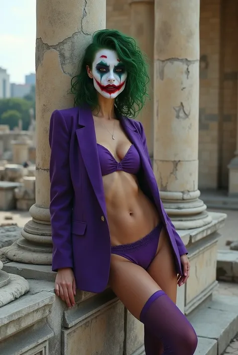 {
  "prompt": "A faithful female version of the iconic Joker from DC Comics, reimagined with a seductive yet psychotic allure, posing confidently in the ruins of an ancient Greek temple. She has pale white skin and wild, vibrant green hair styled in messy,...