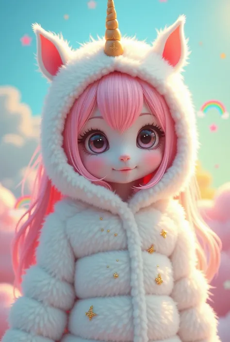 A human with white skin and pink hair dressed up in a white fur unicorn coat and hood, Colorful figure with pink mane on a cheerful background