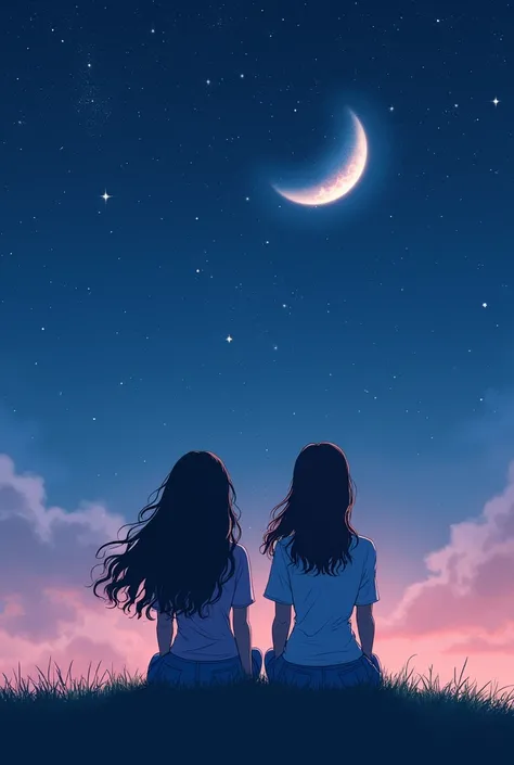 Draw two women with their backs to the viewer, looking up at the night sky, One of them with hair down to below her shoulders, very wavy, and the other with hair down to her waist, wavy. I want the drawing to be in a cute animated style and for them to be ...