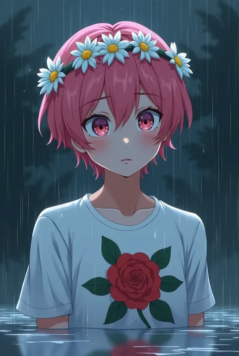 Teenage Chico
Young boy with pink hair wearing a daisy crown and a white shirt with a rose, with a sad face crying on a rainy day. Anime drawing style.