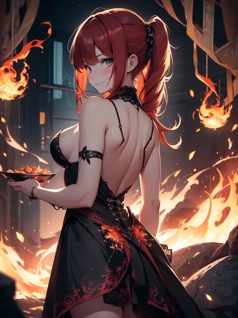 (((best quality, sharp image, clear image, cinematic lighting, 8k resolution, masterpiece, ultra detailed, intricate))) Girl, (((looking over left shoulder))), (shot from behind), ((shot from hip up)), fiery red hair, pigtails, ((intricate black dress)), (...