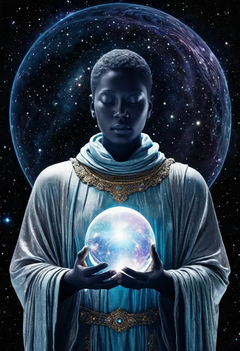 A cosmic, ethereal being stands in the vastness of space, embodying both the mystery and majesty of the universe. This guardian of the cosmos holds a glass orb in one hand, reflecting the world and the infinite universe within it. Its face is an endless vo...