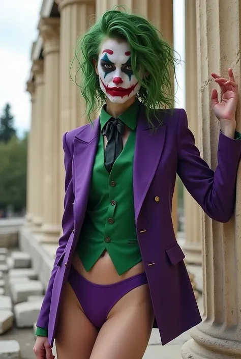 {
  "prompt": "A faithful female version of the iconic Joker from DC Comics, reimagined with a seductive yet psychotic allure, posing confidently in the ruins of an ancient Greek temple. She has pale white skin and wild, vibrant green hair styled in messy,...