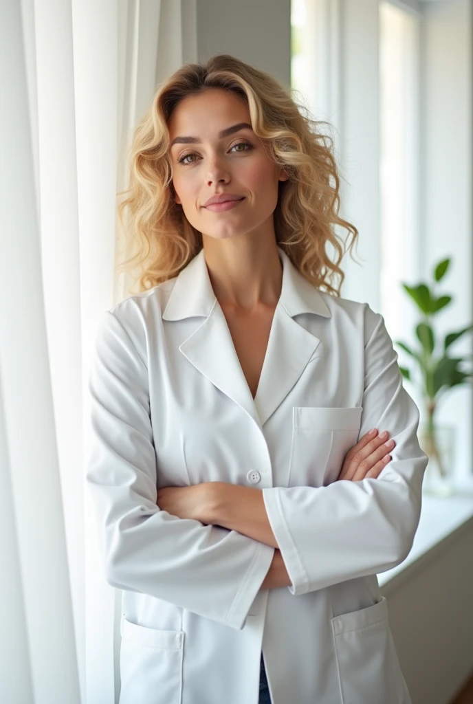 female 30s. curtain. curly blonde hair. amber eyes. Formal white clothing and a dentists coat