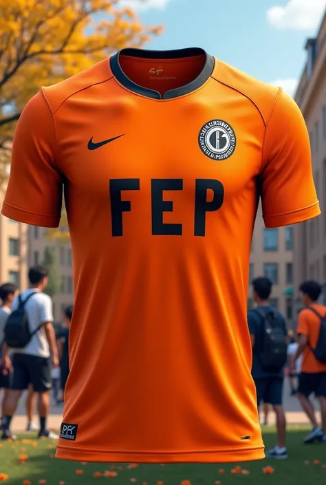 Orange jersey with black details and the initials FEP (Faculty of Economics and Planning) on the chest with a logo