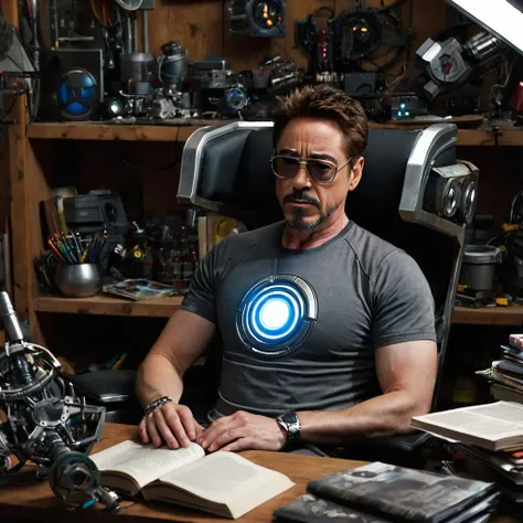 Robert Downey Jr., dressed in Tony Starks grey half-sleeves t-shirt with arc reactor, sits comfortably in a chair amidst his cluttered workshop. The room is filled with various gadgets, tools, and computers, reminiscent of the setup seen in the Iron Man 1 ...