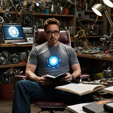 Robert Downey Jr., dressed in Tony Starks grey half-sleeves t-shirt with arc reactor, sits comfortably in a chair amidst his cluttered workshop. The room is filled with various gadgets, tools, and computers, reminiscent of the setup seen in the Iron Man 1 ...