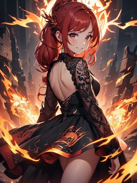 (((best quality, sharp image, clear image, cinematic lighting, 8k resolution, masterpiece, ultra detailed, intricate))) Girl, (((looking over left shoulder))), (shot from behind), ((shot from hip up)), fiery red hair, pigtails, ((intricate black dress)), (...