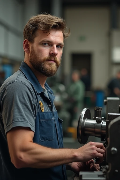 1 young man, about 24 years old, He has a weeks worth of beard growth, factory worker, parts manufacturer, using a conventional lathe to turn a shaft.