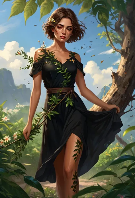 A Goddess of nature that has short and brown hair, has brown eyes, has a gentle face, Tanned, beautiful, wears a below the knee length black dress with leaves and flowers as design, has multiple scars and bruises on her legs and arms, her left eye is BLIND...