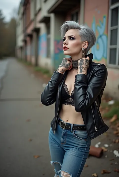 russian milf woman, biker gang member, grey hair with quiff, with very light blue eyes, extremely pale, heavy eye shadows. Thin. Sad face, smeared excessive make up and smeared lipstick Wearing black moto jacket, black lace bra, skinny blue jeans and chels...