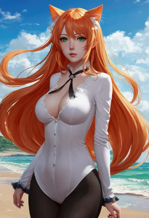 anime girl with long orange hair standing on beach near ocean, green eyes detailed digital anime art, cat ears, , anime girl with long hair, smooth anime cg art, anime girl with long hair, average breast size, digital anime art, artwork in the style of guw...