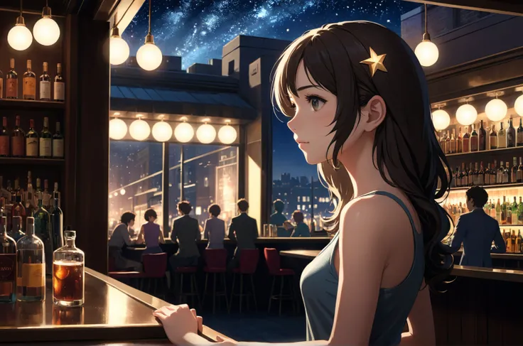 Uses Makoto Shinkai&#39;s depiction perfectly,Portrait of Halie Loren,8k 4k masterpiece photo ,London,A jazz bar with a glass ceiling,The twinkling stars can be seen through the glass windows.,It&#39;s a dark night outside,Jazz is playing,Close-up of profi...