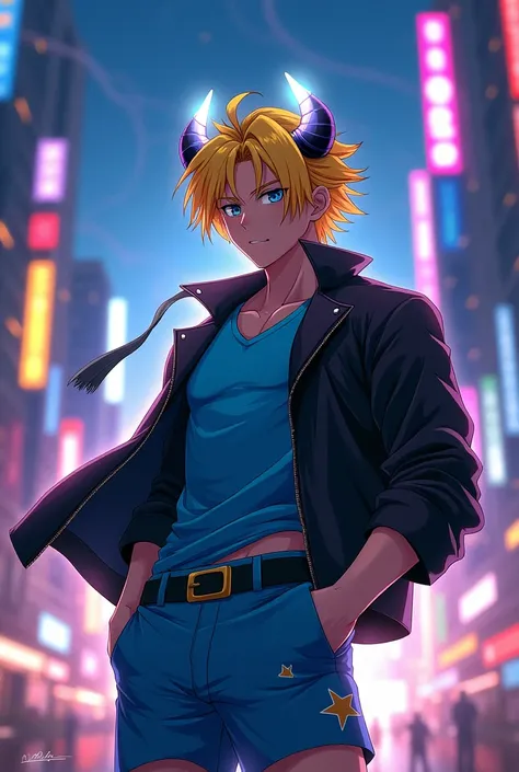 anime character,yellow hair, masculine, black eyes,blue shirt,blue shorts with white stars,white horns with yellow,black jacket,Omega body