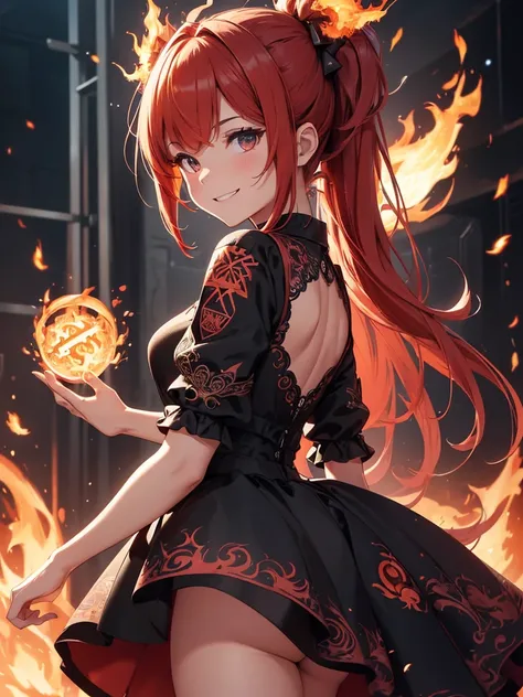 (((best quality, sharp image, clear image, cinematic lighting, 8k resolution, masterpiece, ultra detailed, intricate))) Girl, (((looking over left shoulder))), (shot from behind), ((shot from hip up)), fiery red hair, pigtails, ((intricate black dress)), (...