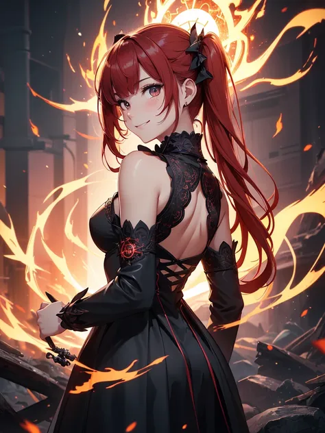 (((best quality, sharp image, clear image, cinematic lighting, 8k resolution, masterpiece, ultra detailed, intricate))) Girl, (((looking over left shoulder))), (shot from behind), ((shot from hip up)), fiery red hair, pigtails, ((intricate black dress)), (...