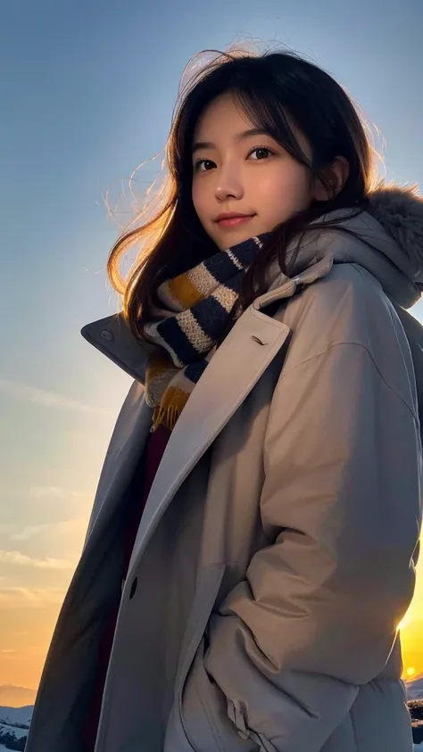 (Highest quality,masterpiece:1.3,Ultra-high resolution),(Very detailed,Caustics,8k),(Realistic:1.4,RAW shooting),(sunset),(Backlight),(sunset sky),evening,(Snowfield),18-year-old,cute,Japanese,Black hair medium hair,(Look up a little),(Please open your mou...