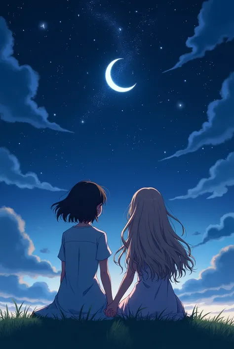 Draw two women with their backs to the viewer, looking up at the night sky, Una de ellas con el pelo corto very Wavy, and the other with hair down to her waist, Wavy. I want the drawing to be in a cute anime style and for them to be sitting holding hands.