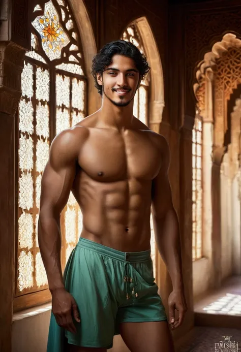 baroque painting+muslim_art fullbody portrait, an arabian prince, cinnamon skin green eyes, wavy black hair, thin face, perfect detailedd feet, slender toned body, body hair, beautiful face, next to a young viking, blond, blue eyes, muscular beautiful face...