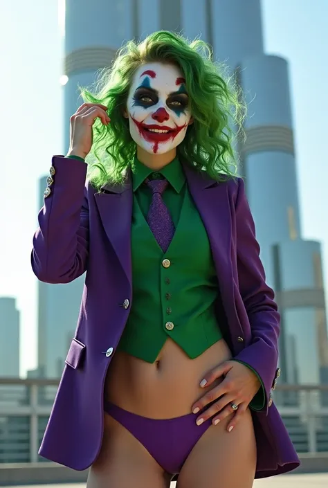 {
  "prompt": "A faithful female version of the iconic Joker from DC Comics, reimagined with a seductive yet psychotic allure, striking a dramatic pose at a famous tourist spot in Dubai. She has pale white skin and wild, vibrant green hair styled in messy,...