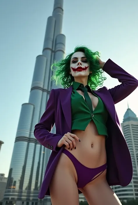 {
  "prompt": "A faithful female version of the iconic Joker from DC Comics, reimagined with a seductive yet psychotic allure, striking a dramatic pose at a famous tourist spot in Dubai. She has pale white skin and wild, vibrant green hair styled in messy,...