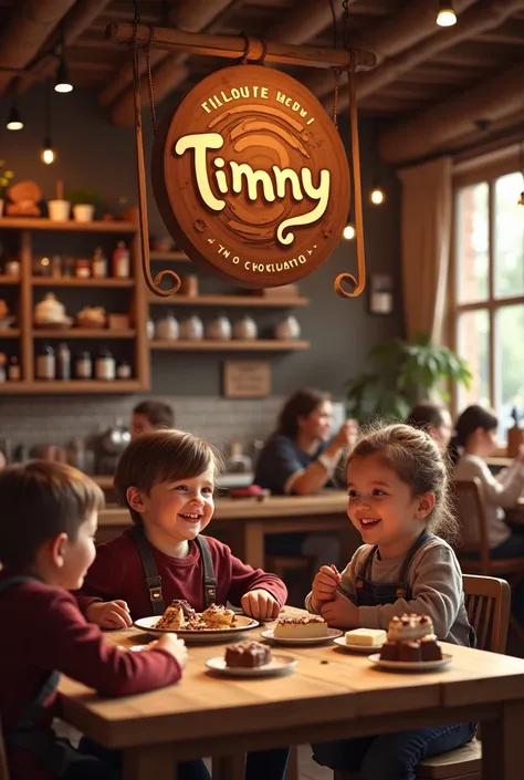 Chocolate shop with Tinny logo with brown tones tables and happy customers