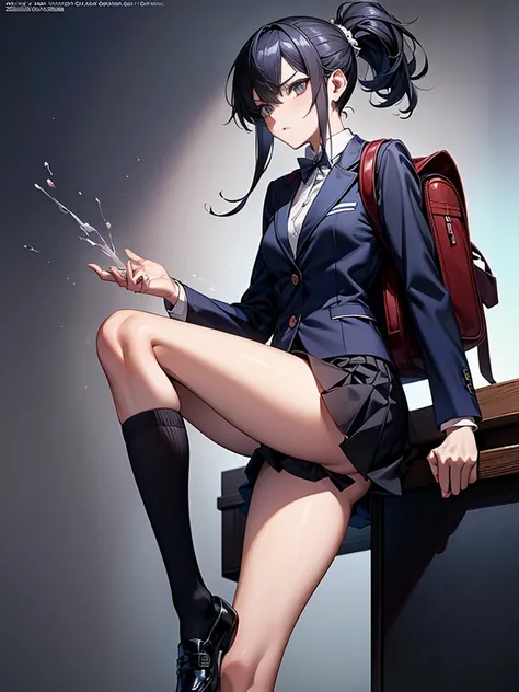 One person, ponytail, Black Hair, Slender body,Small breasts,Slanted Eyes, Contempt/angry gaze, Illustration effect for posters and magazines, High School Uniform,Navy blue blazer,White blouse,Gray knee-length flared skirt,Navy blue knee socks,Black shoes,...