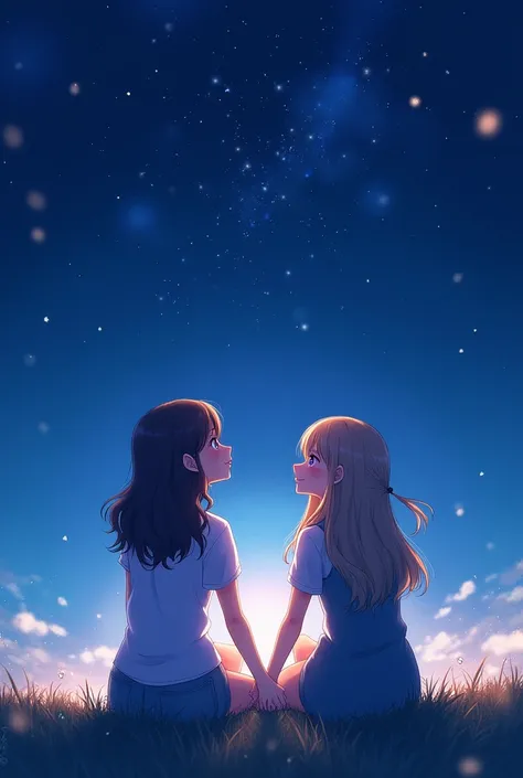 Draw two women with their backs to the viewer, looking up at the night sky, Una de ellas bajita con el pelo no tan corto muy Wavy, and the other with hair down to her waist, Wavy. I want the drawing to be in a cute anime style and for them to be sitting ho...