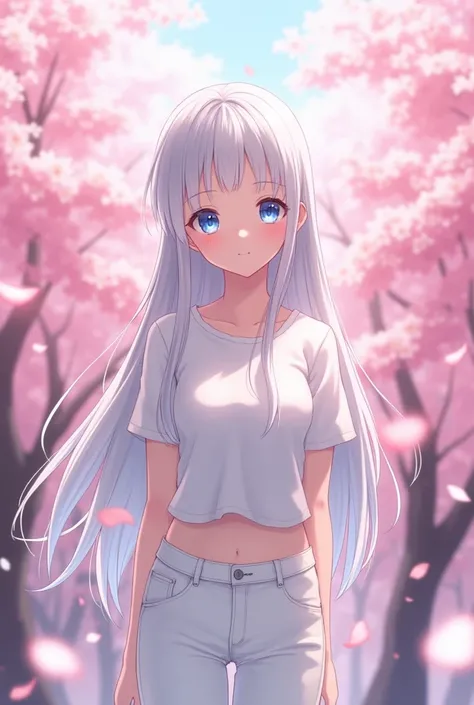 anime-girl, with white t-shirt, white hair and white jeans, sky-blue eyes, with sakura background