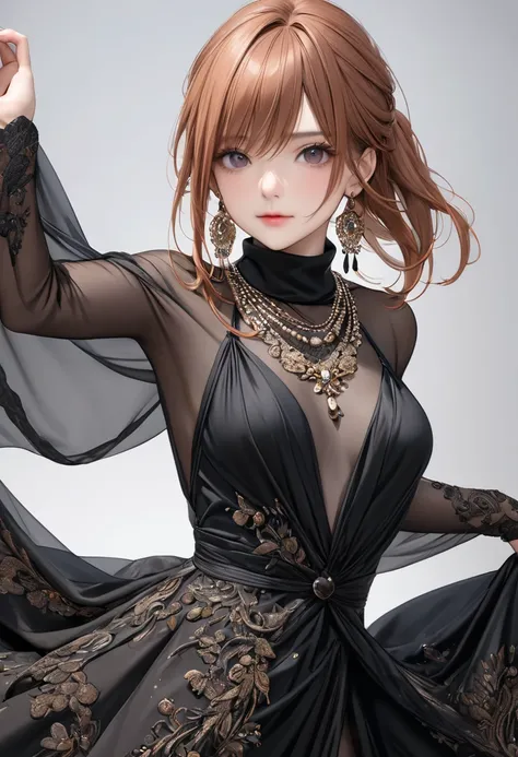 (masterpiece), (best quality medium shot), ultra realism, photorealistic, 1female, 30 year old mature woman, half-up half-down long straight copper-color hair, wearing black Haute_Couture designer dress with sleeve and turtleneck_style, necklace, earrings,...