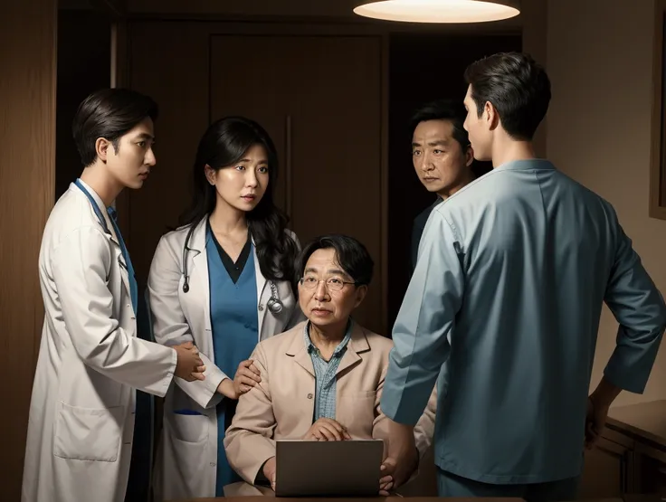 a doctor talking to a , and his family behind looking